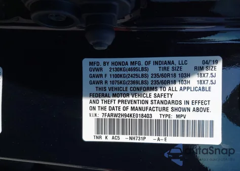 2019 Honda Cr-V Touring из США, поврежденный, VIN 7FARW2H94KE018403